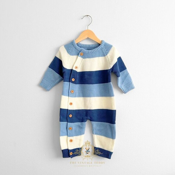 Other - NWT Cute Baby Boys Knit One-piece Bodysuits Romper Cornflower Blue & White 9-12M
